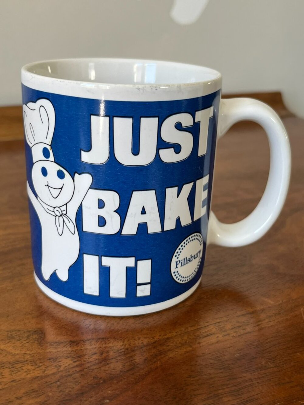 Vintage Pillsbury Doughboy Mug "Just Bake It" 12 oz. Coffee Cup 1996 White Blue